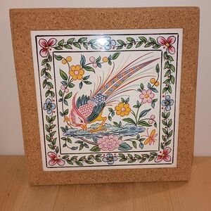 VINTAGE PORTUGAL HAND PAINTED BIRD FLOWERS ENAMEL CORK TILE TRIVET 6" SQ
